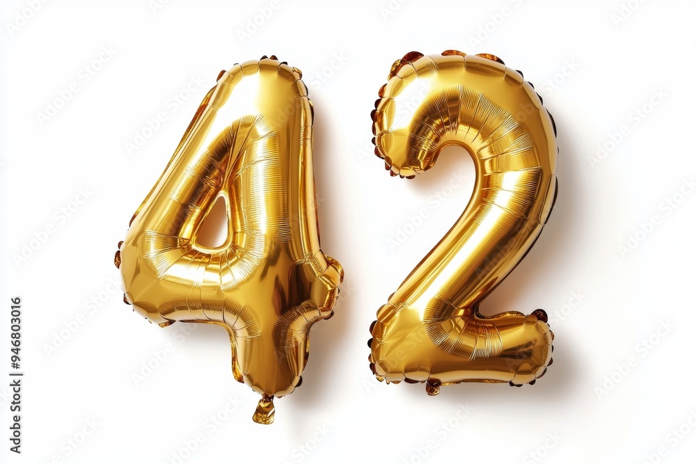 Number 42 golden inflatable foil balloons. Bright party decoration. Fourty two years on white background Number 42 golden inflatable foil balloons. Bright party decoration. Fourty two years on white background