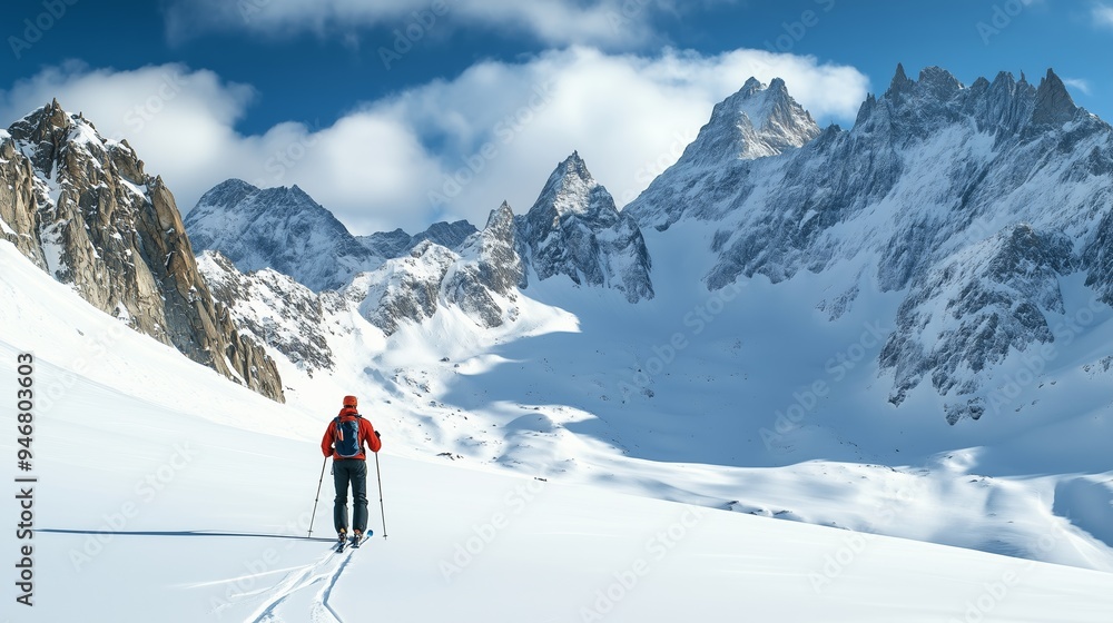 A skier ascends a pristine snow-covered mountain range under a bright blue sky in winter A skier ascends a pristine snow-covered mountain range under a bright blue sky in winter