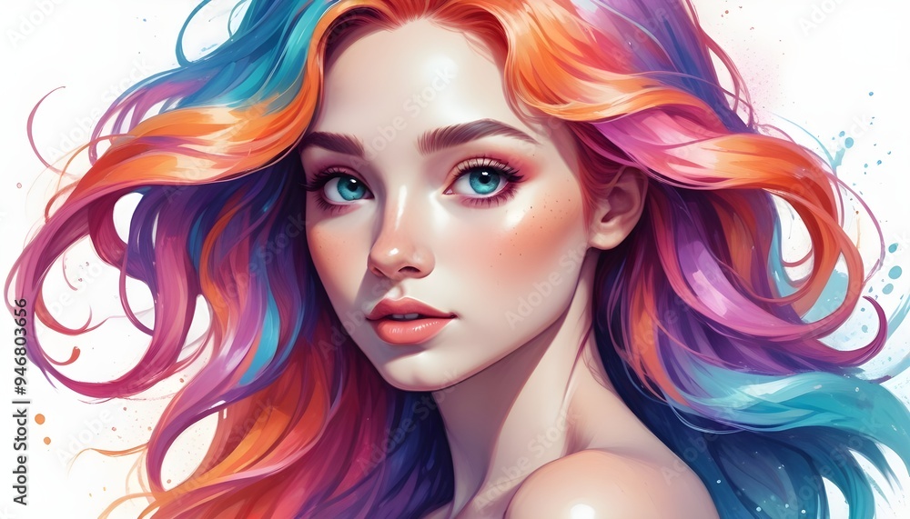 Fototapeta premium Colorful Mermaid Portrait Painting Beautiful Ocean Female Background Graphic Design