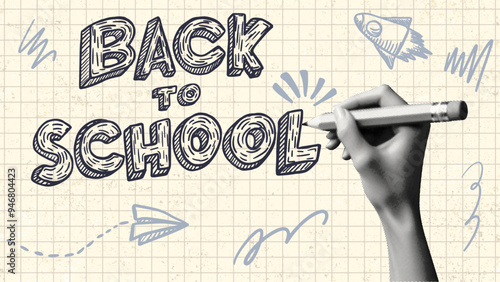 hand writing with pencil back to school concept collage design retro grunge dotted halftone on vintage paper noise texture background