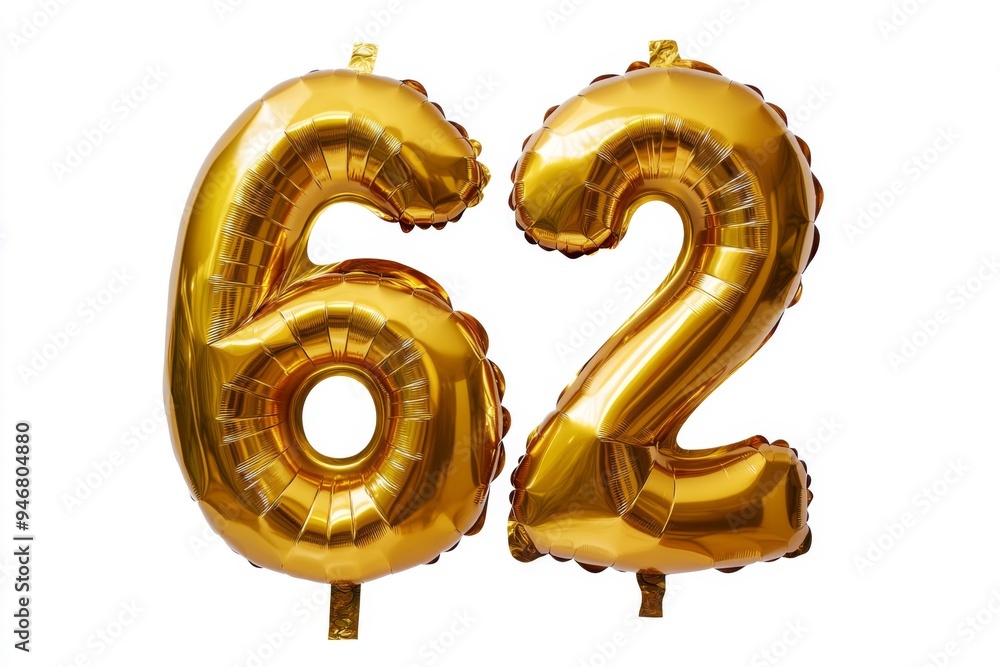 Number 62 golden inflatable foil balloons. Bright party decoration. Sixty two years on white background Number 62 golden inflatable foil balloons. Bright party decoration. Sixty two years on white background