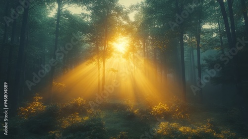 Golden morning sunlight beams streaming through dense fog and tall trees in a mysterious, peaceful forest. Atmospheric nature scene, tranquility, misty dawn beauty.