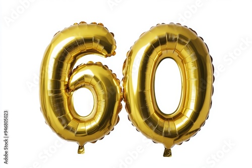 Number 60 golden inflatable foil balloons. Bright party decoration. Sixty years on white background photo