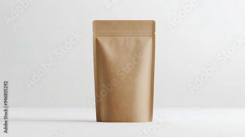 A mockup of a craft paper standing pouch with a natural, textured surface