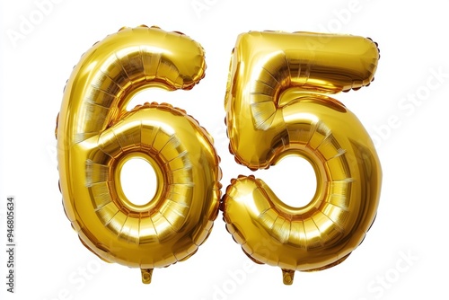 Number 65 golden inflatable foil balloons. Bright party decoration. Sixty five years on white background