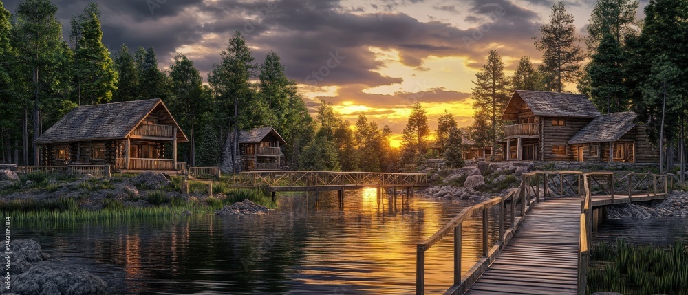 Obraz premium Rustic Wooden Cabins by a Lake at Sunset