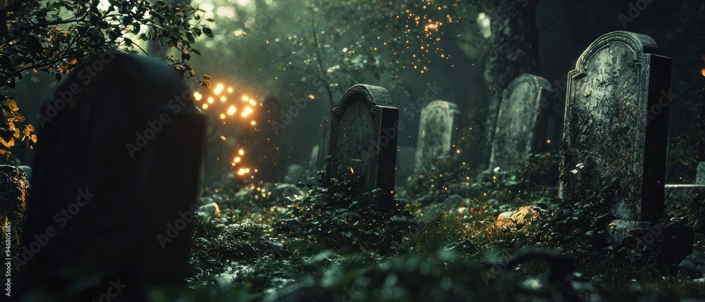 Obraz premium A Graveyard with a Mysterious Glow Amidst the Trees