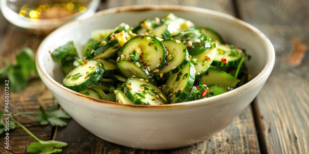 Sunomono Japanese Cucumber Salad with Asian Dressing in White Bowl on Wooden Table Sunomono Japanese Cucumber Salad with Asian Dressing in White Bowl on Wooden Table