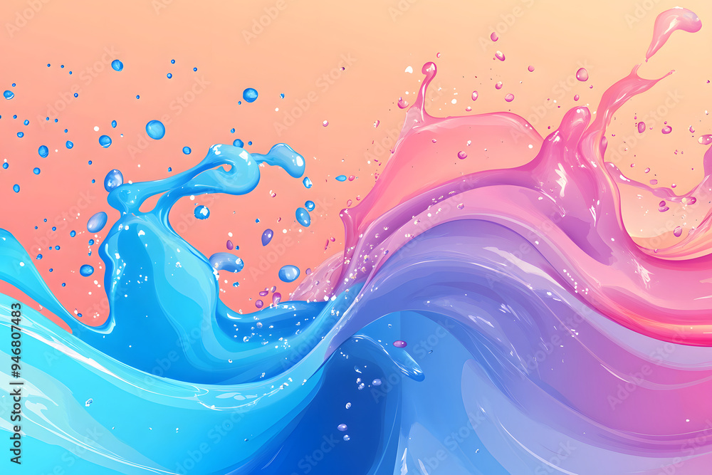 Fototapeta premium pink blue splashes and waves of liquid on an orange background. abstract colorful background