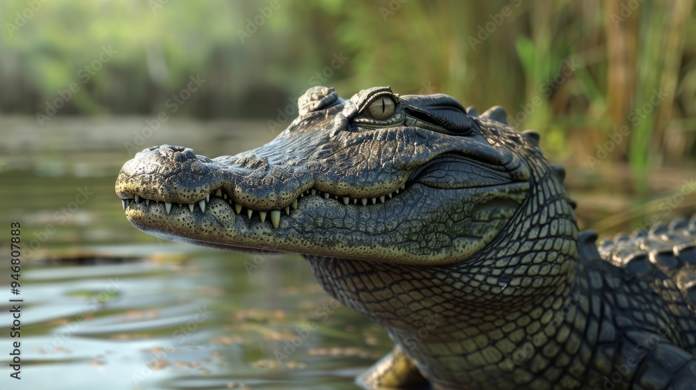 Fototapeta premium Crocodile in closeup with natural landscape generative ai