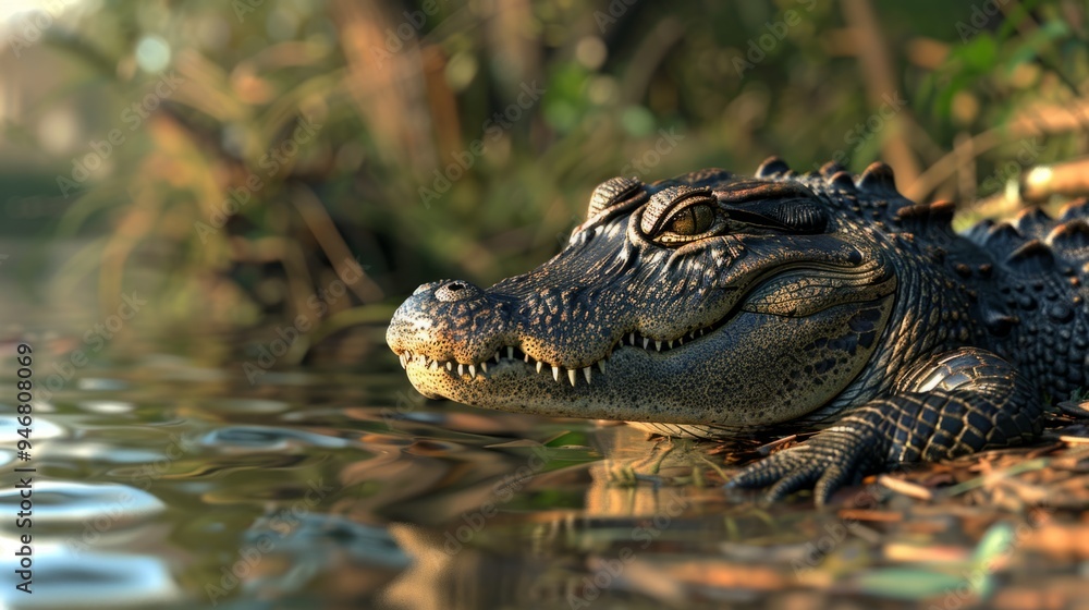 Crocodile in closeup with natural landscape generative ai Crocodile in closeup with natural landscape generative ai