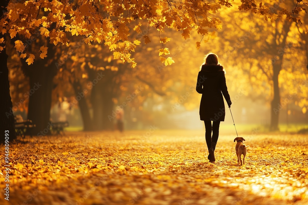 A woman walks her dog along a sunlit path covered in autumn leaves in a tranquil park during the early evening hours A woman walks her dog along a sunlit path covered in autumn leaves in a tranquil park during the early evening hours