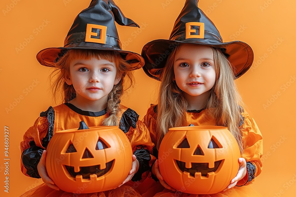 Kids trick or treat in Halloween costume. Happy Halloween. three running kids with a basket for sweets Kids trick or treat in Halloween costume. Happy Halloween. three running kids with a basket for sweets