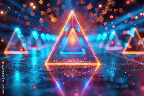 abstract background, triangle portal, glowing dots, screen pixels, neon lights, virtual reality, pink blue spectrum, vibrant colors, laser show, isolated on black, floor reflection