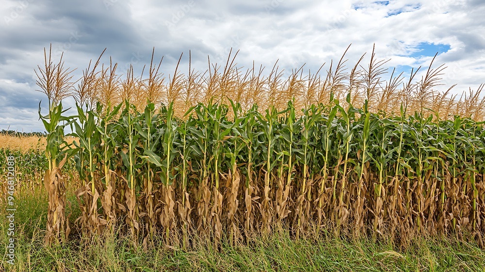 Golden Cornfield with Tall Stalks Under Clear Blue Sky on a Sunny Day Golden Cornfield with Tall Stalks Under Clear Blue Sky on a Sunny Day