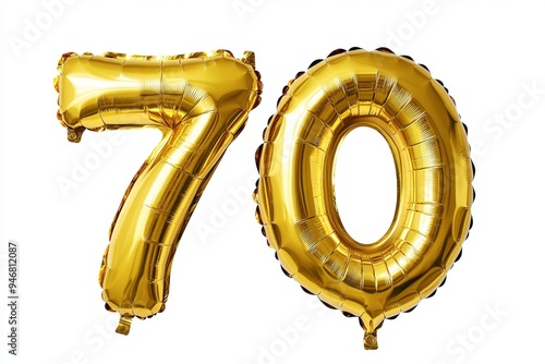 Number 70 golden inflatable foil balloons. Bright party decoration. Seventy years on white background