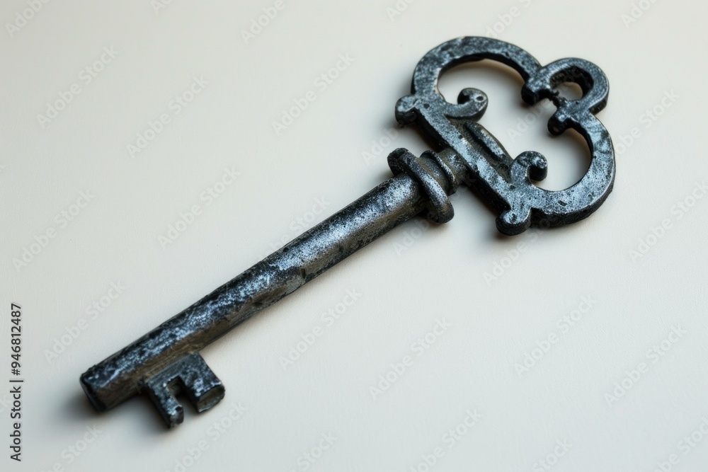 Old worn antique key is lying on a white background, representing concepts such as history, security, and mystery Old worn antique key is lying on a white background, representing concepts such as history, security, and mystery
