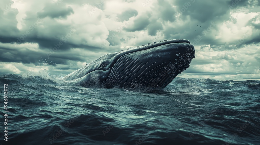 Fototapeta premium A majestic whale breaches the ocean surface under a dramatic, cloudy sky.