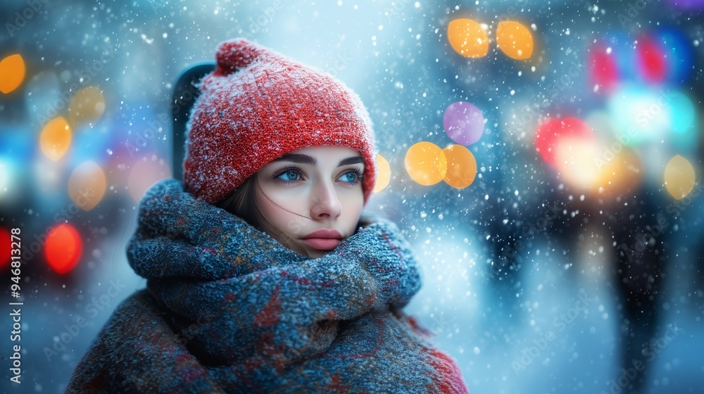 A woman wrapped in cozy winter attire stands amidst a gently falling snow, embodying the chilly essence of the season while staying warm A woman wrapped in cozy winter attire stands amidst a gently falling snow, embodying the chilly essence of the season while staying warm