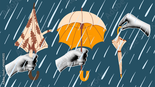 Collage with vector umbrellas in halftone hands. Autumn weather. Fall rain. 