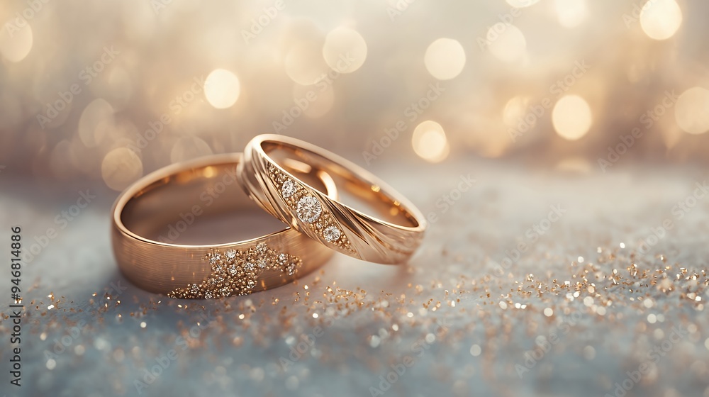Two elegant wedding rings on a sparkling surface, symbolizing love and commitment. Two elegant wedding rings on a sparkling surface, symbolizing love and commitment.