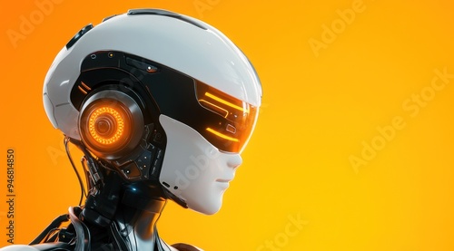 Un robot blanc avec lumière sur le casque, vue de profil, sur un fond orange isolé, image avec espace pour texte.