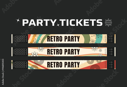 A vector set of control bracelets for a club, disco, concert, festival, event, pass to the fan zone, party in y2k style. Mockup of a bracelet in a retro futuristic style. Ticket for a festival