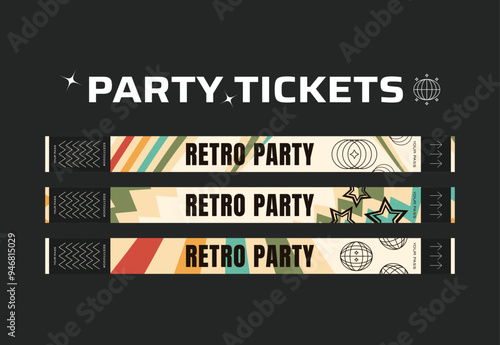 A vector set of control bracelets for a club, disco, concert, festival, event, pass to the fan zone, party in y2k style. Mockup of a bracelet in a retro futuristic style. Ticket for a festival