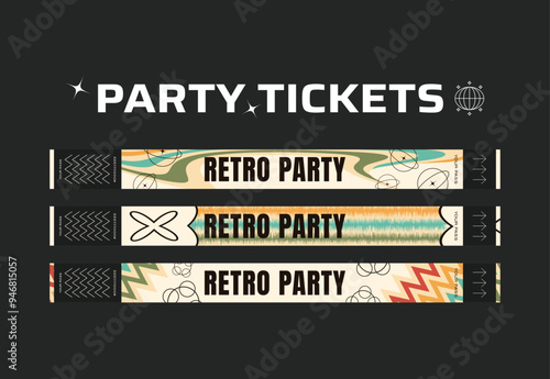 A vector set of control bracelets for a club, disco, concert, festival, event, pass to the fan zone, party in y2k style. Mockup of a bracelet in a retro futuristic style. Ticket for a festival