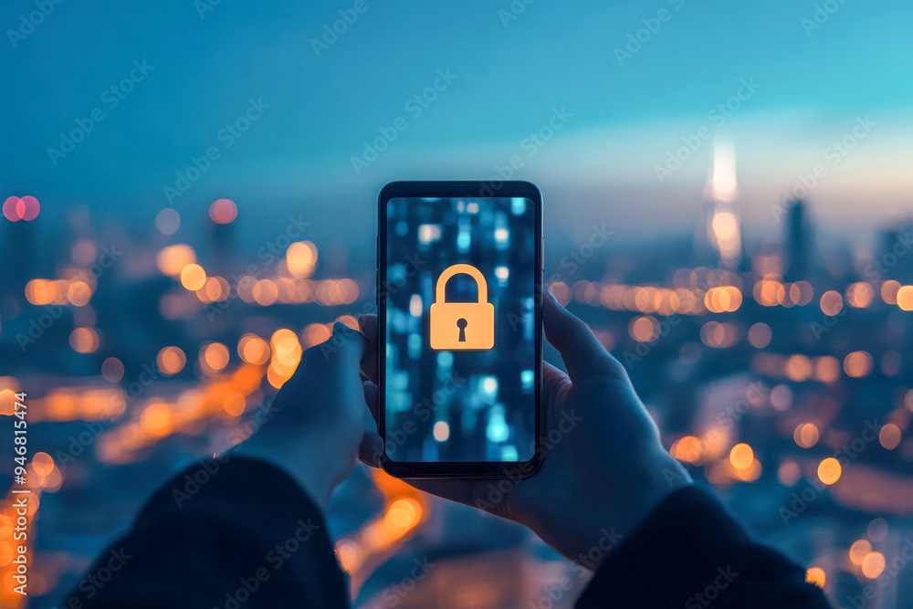 Fototapeta premium Smartphone with a lock symbol on the screen held against a blurred cityscape background, representing security and data protection
