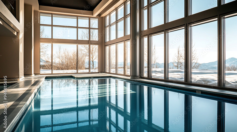a luxurious spa amenities of a hotel, featuring a serene indoor pool with large windows offering views of the snowy landscape outside a luxurious spa amenities of a hotel, featuring a serene indoor pool with large windows offering views of the snowy landscape outside