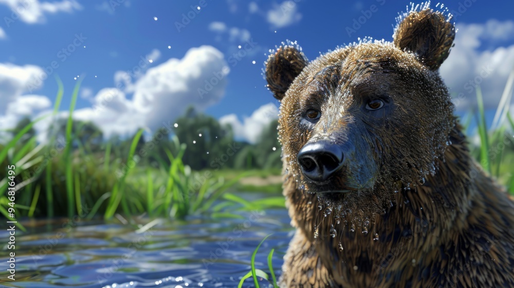 Fototapeta premium Bear close-up with a natural landscape generative ai