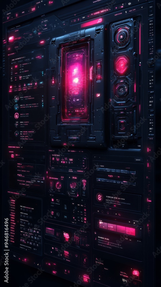 Obraz premium Cyberpunk Interface: Futuristic Digital Panel with Glowing Pink Elements 