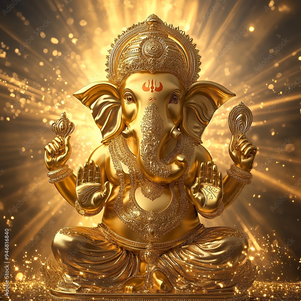 Obraz premium A golden statue of Ganesha radiating light and energy, symbolizing wisdom and prosperity.