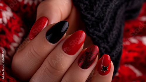 Stylish Almond Manicure: Bold Reds and a Touch of Black Elegance