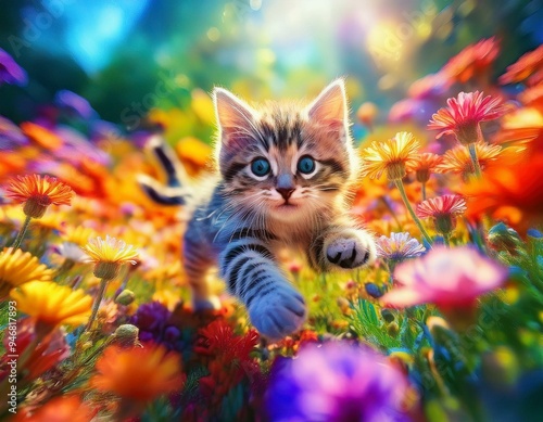 A kitten frolicking in a flower bed