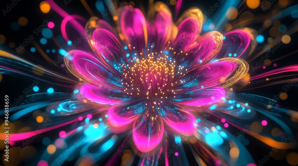 A vibrant flower blooms in a swirl of bright colors and glowing lights. This digital artwork captures beauty and energy in a stunning abstract style. Ideal for creative projects. AI A vibrant flower blooms in a swirl of bright colors and glowing lights. This digital artwork captures beauty and energy in a stunning abstract style. Ideal for creative projects. AI