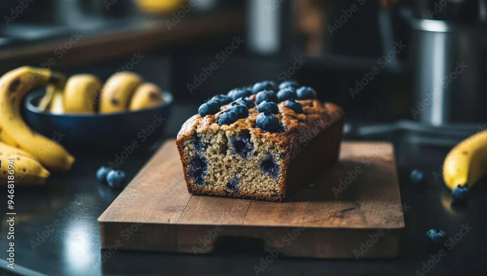 A freshly baked banana bread loaf with blueberries. A freshly baked banana bread loaf with blueberries.