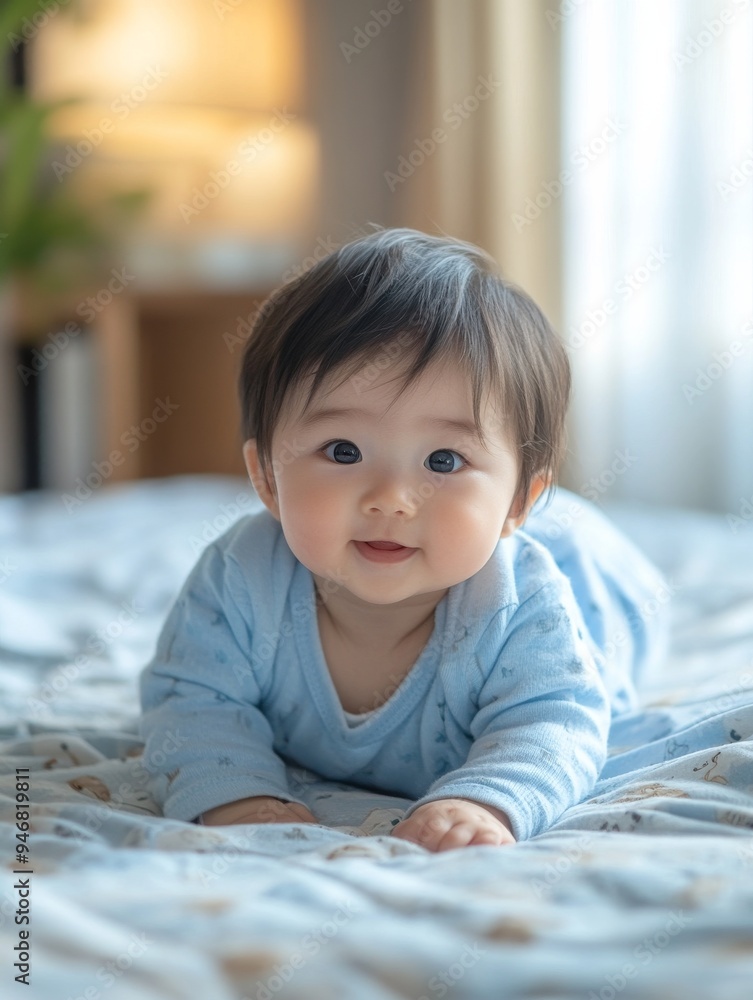 A beautiful Japanese baby, dressed in blue baby clothes A beautiful Japanese baby, dressed in blue baby clothes