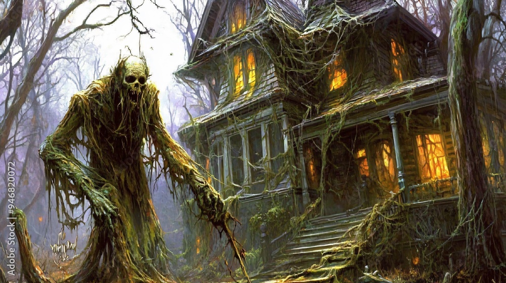 Fototapeta premium Haunted House of Horrors: A skeletal monstrosity rises from the overgrown grounds of a dilapidated mansion, wielding a rusty axe beneath a sickly, moonlit sky. 