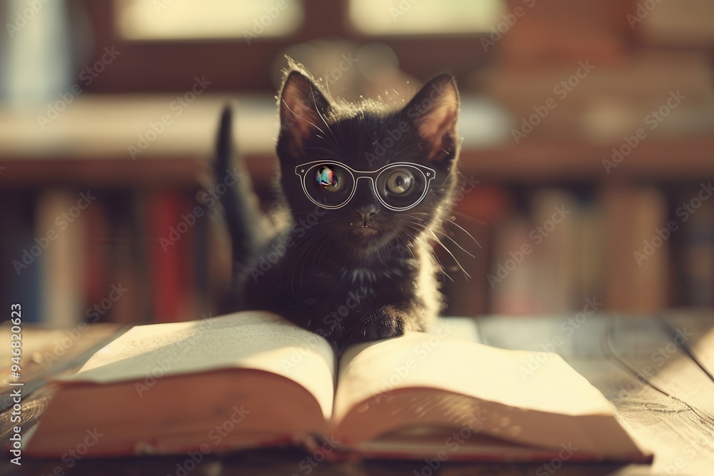 Cute black kitten wearing glasses and smiling, while sitting at a desk with an open book in a classroom. Cute black kitten wearing glasses and smiling, while sitting at a desk with an open book in a classroom.