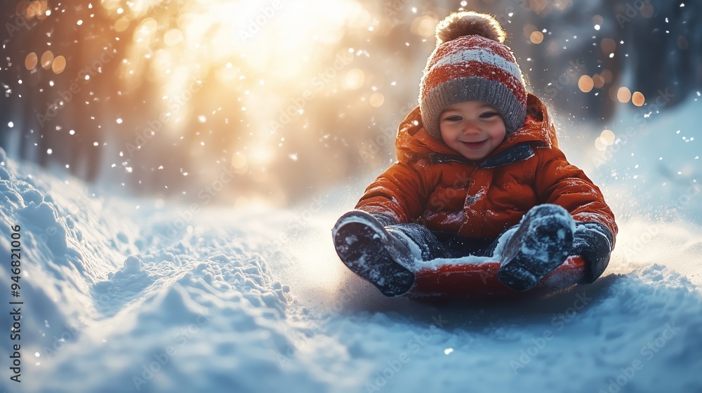 A child who enjoys spending a winter day sledding down a hill. A child who enjoys spending a winter day sledding down a hill.