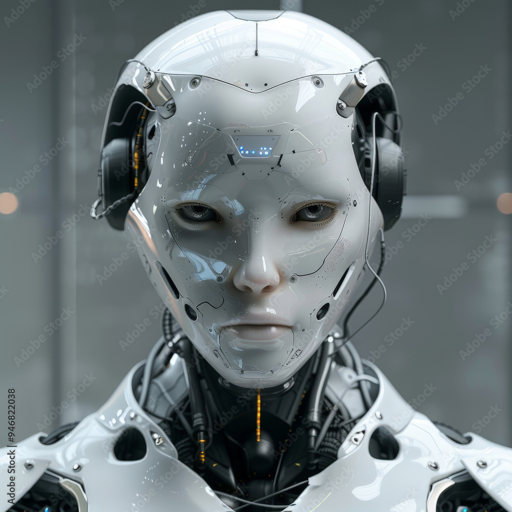 A humanoid robot showcases advanced technology with realistic features and headphones, captivating visitors in a sleek exhibition space A humanoid robot showcases advanced technology with realistic features and headphones, captivating visitors in a sleek exhibition space