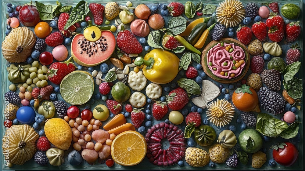 A Colorful Arrangement of Fruits, Berries, and Pastries A Colorful Arrangement of Fruits, Berries, and Pastries
