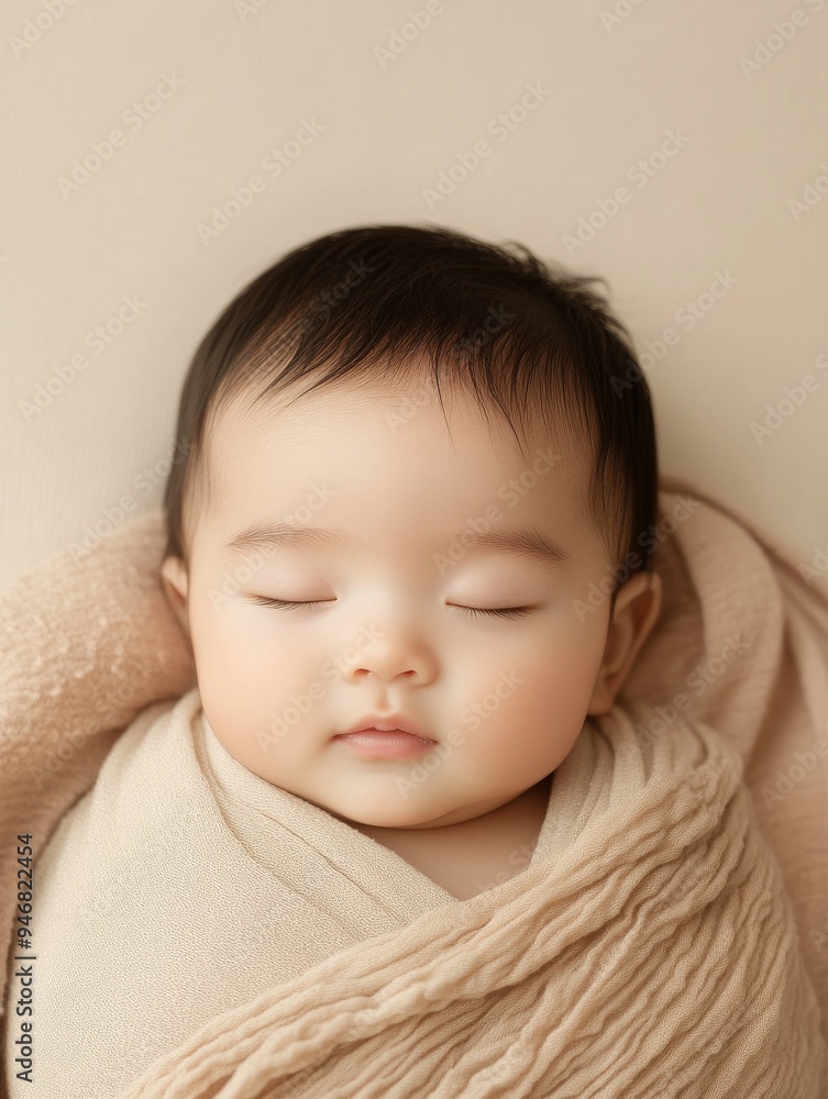 very cute sleeping Asian baby wrapped in beige blanket, light beige background very cute sleeping Asian baby wrapped in beige blanket, light beige background