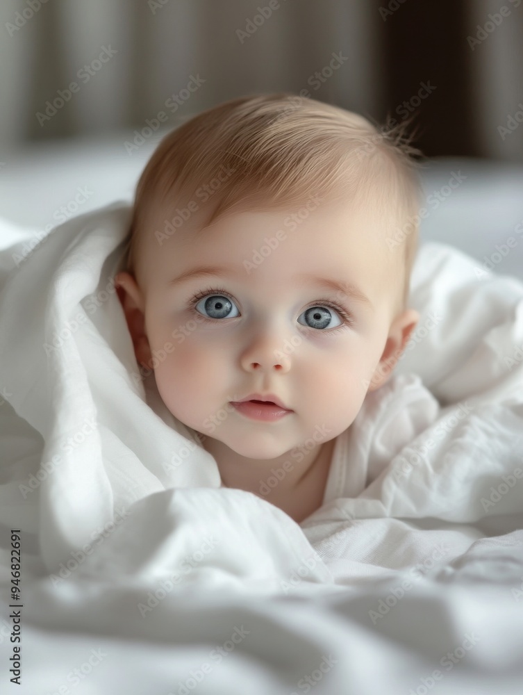 White sheets, cute baby, looking at the camera, isolated on white background White sheets, cute baby, looking at the camera, isolated on white background