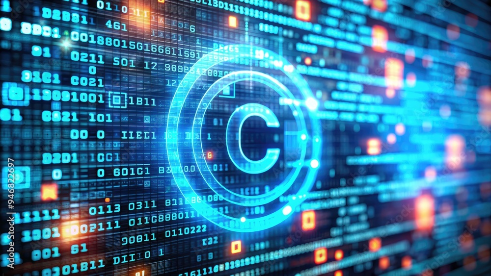 Obraz premium A blurred background of source code and a copyright symbol highlight the importance of protecting intellectual property in the digital age of creative works.