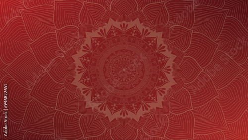Round mandala on dreamy peach fuzz gradient background. Translucent mesh pattern in the form of a mandala. Mandala with floral patterns. Gradient