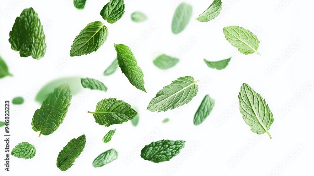 A collection of fresh mint leaves floating against a light background. A collection of fresh mint leaves floating against a light background.
