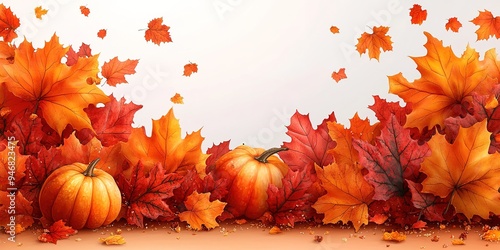 Autumn watercolor illustration with pumpkins and flowers leaves isolated on white background. Perfect for design decorative greeting cards, or posters in the autumn festival. A Thanksgiving card